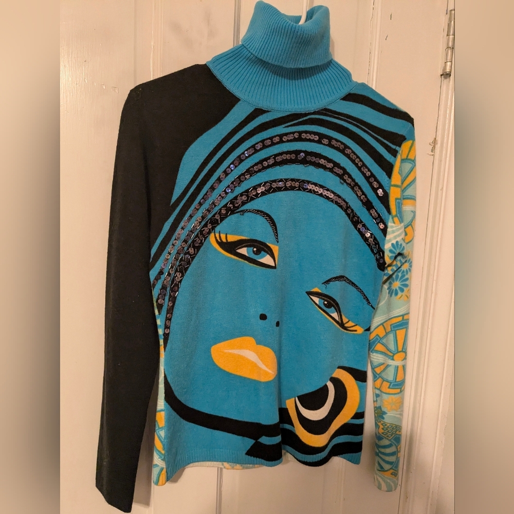 Custo Barcelona T-Neck-Turquoise/Black/Yellow Graphic Face Print, Black Sequins